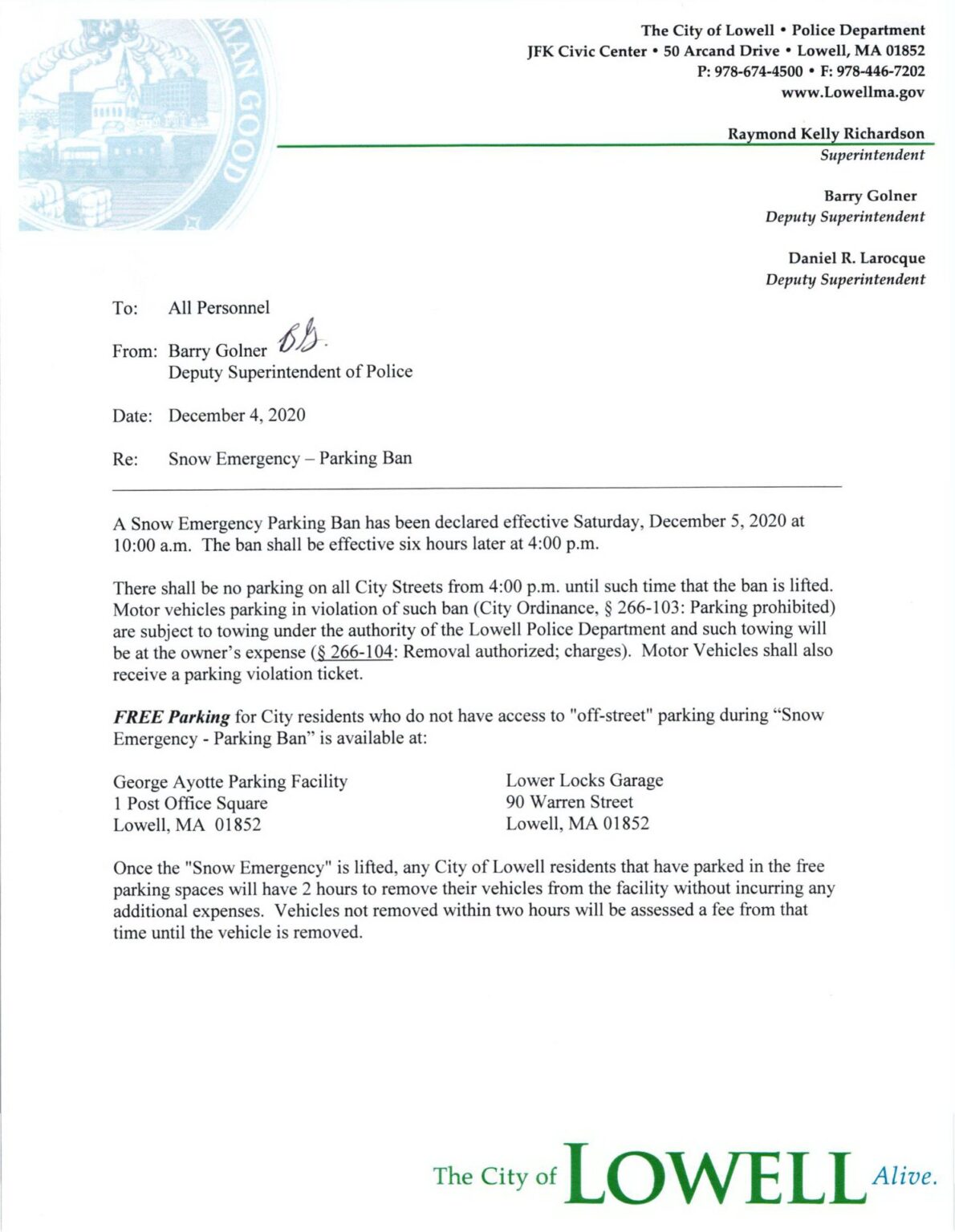 Snow Emergency Parking Ban 12/5/2020 Bulletin Board